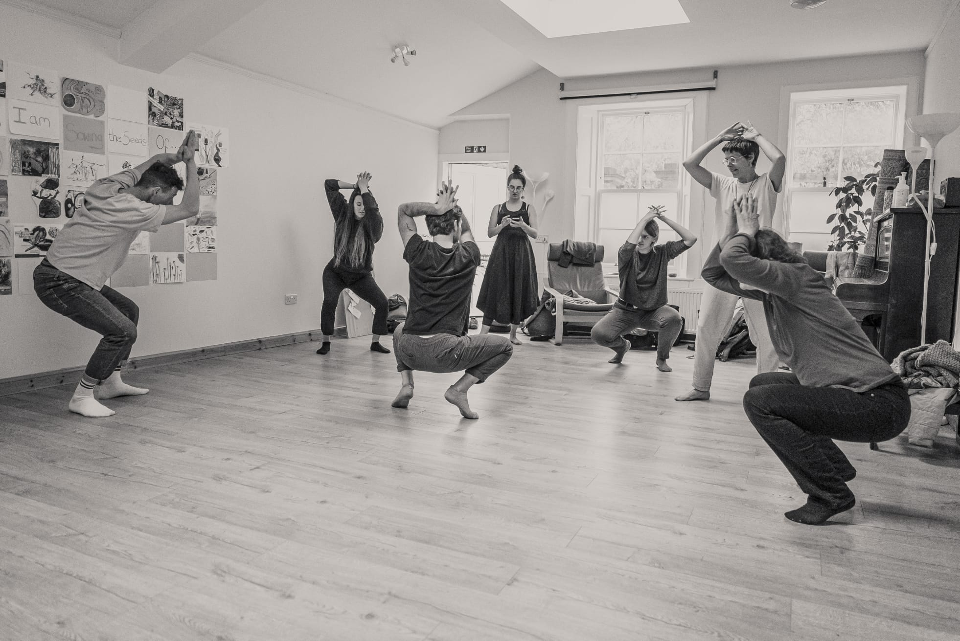 Image of six students with Jelena during drama class